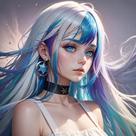 8k wallpaper, masterpiece,Cinematic Lighting, best quality,Illustration,dramatic angle, ((colorful:1.1)), ((colored inner hair:1.4)),
1girl, solo, long hair, water, blue eyes, choker, parted lips, white choker, liquid hair, white hair, bangs, from side, pr...