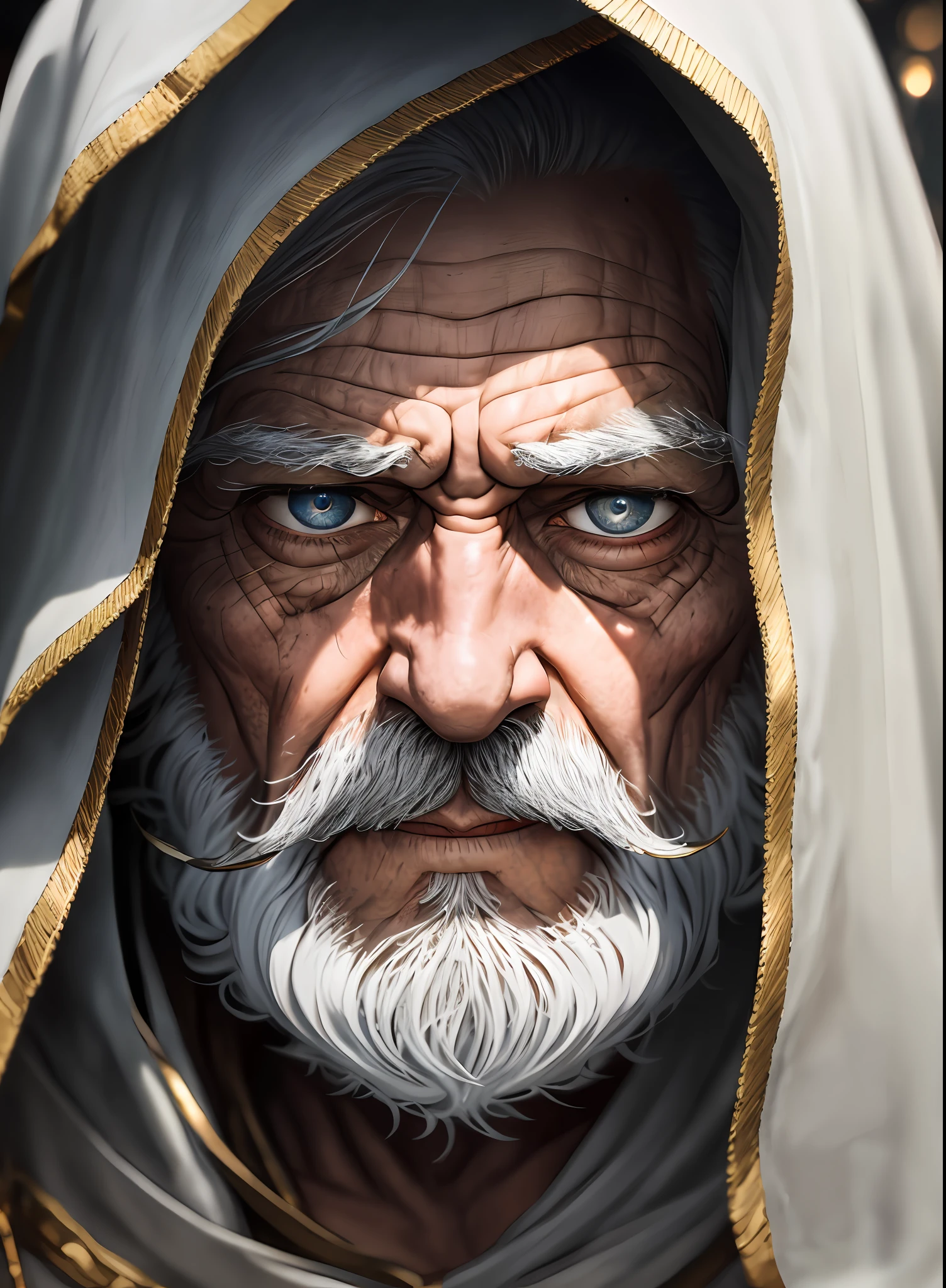 An epic close up portrait of elderly intense sinister eyes, and nose with long white beard, framed with a faded ancient tattered white linen hood, reflecting gold sparks in the irises of the eyes, white eyebrows, at night, dramatic lighting, high contrast, highest definition, hyperrealism, hyperrealistic, photorealistic, high resolution, hdr photography, 8k --auto --s2