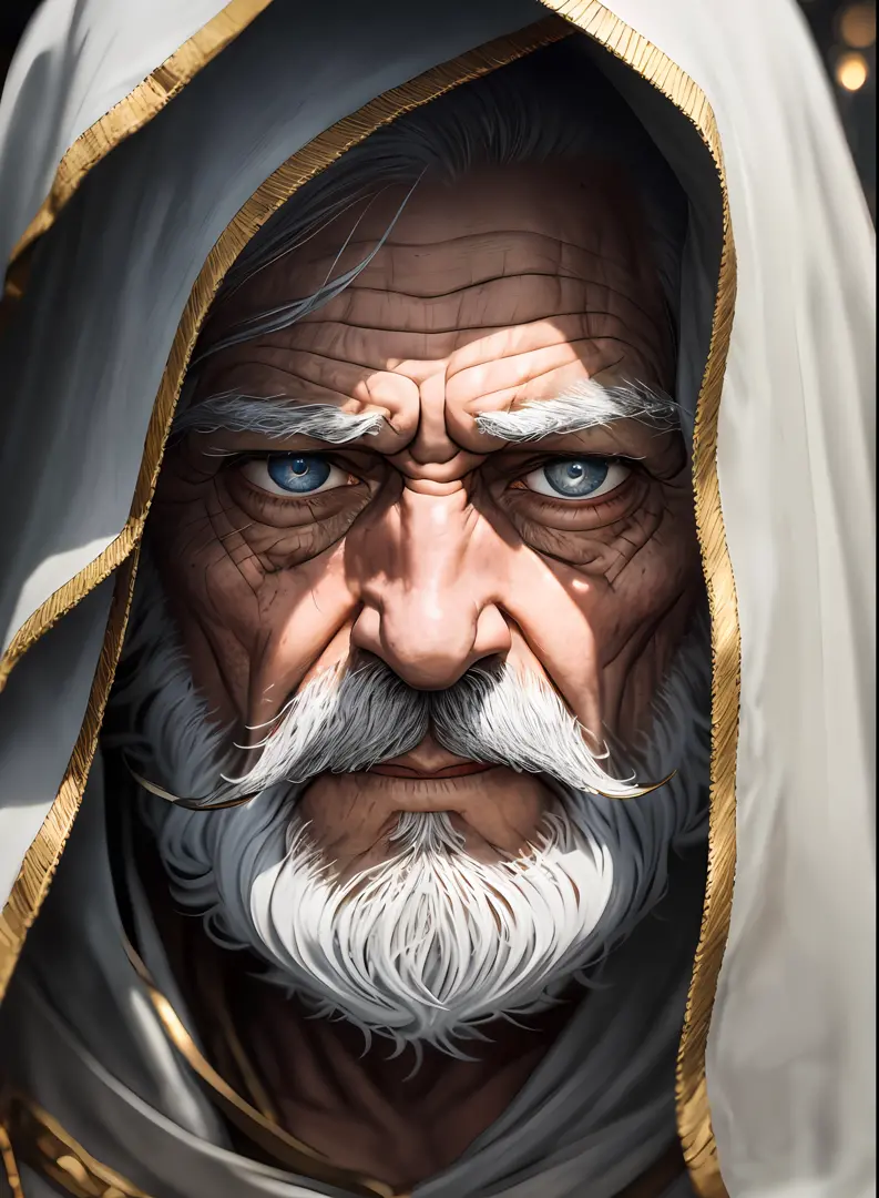 An epic close up portrait of elderly intense sinister eyes, and nose with long white beard, framed with a faded ancient tattered white linen hood, reflecting gold sparks in the irises of the eyes, white eyebrows, at night, dramatic lighting, high contrast,...