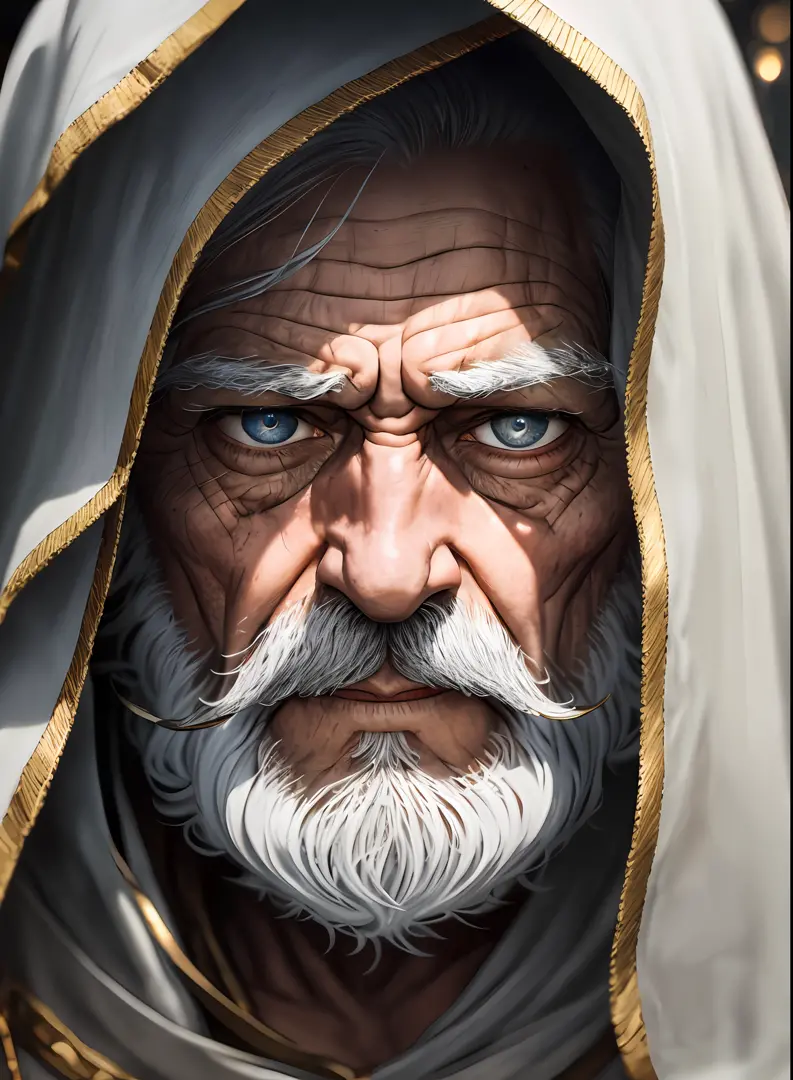 An epic close up portrait of elderly intense sinister eyes, and nose with long white beard, framed with a faded ancient tattered...