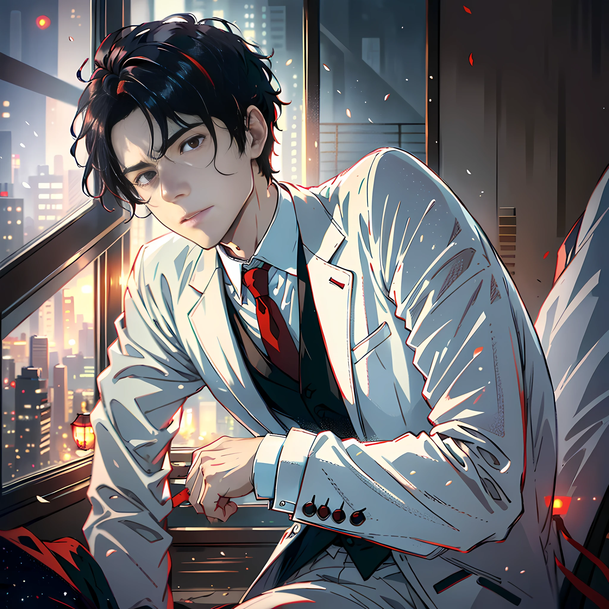 At night, by the window, Red Moon, a handsome man lying flat on the ground, uncomfortable, short black hair, white suit, sides, face hyper-detailed, no blood, highly real, 4K, chiaroscuro, ultra-high detail