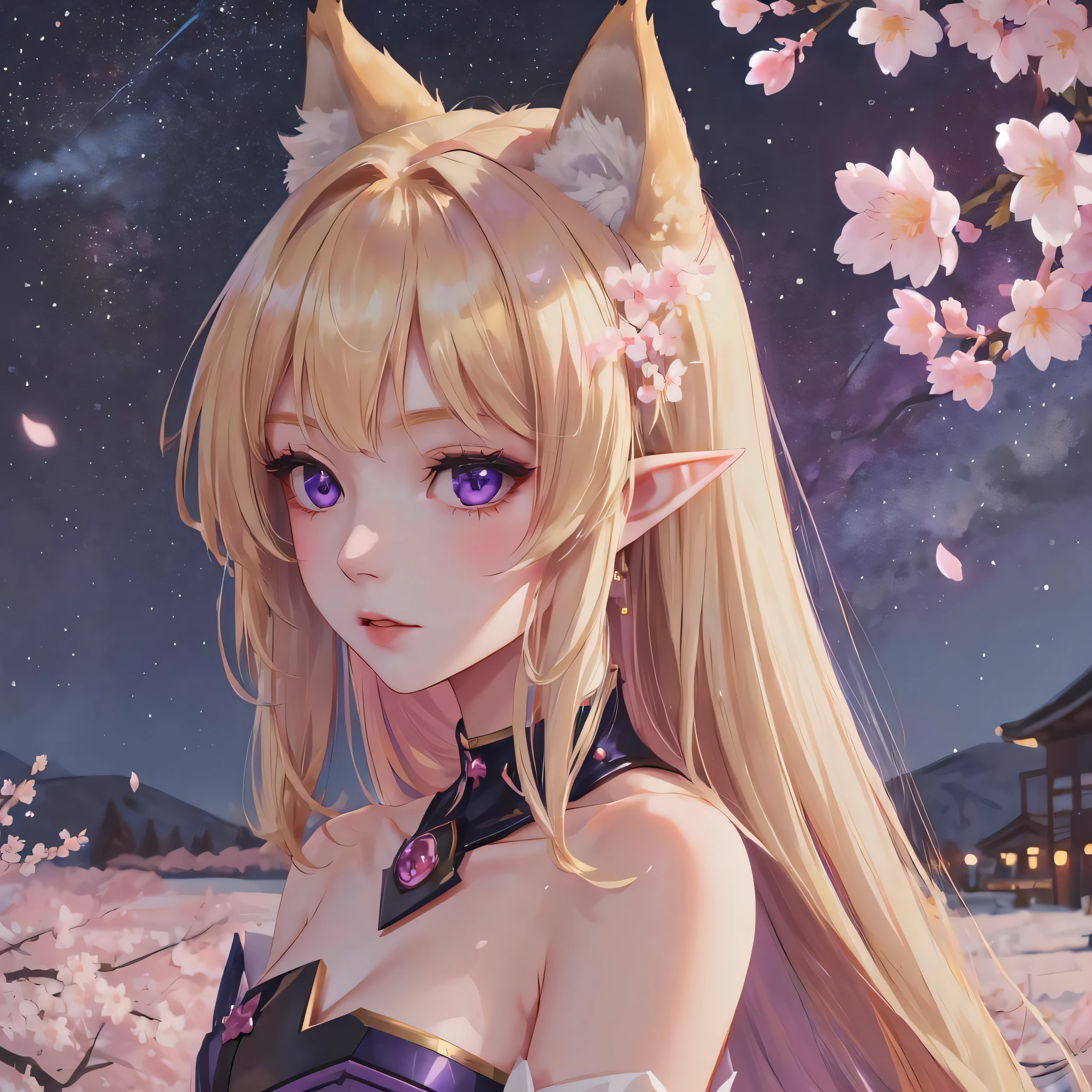 masterpiece, 1girl, wolfgirl, wolf, blonde, purple eyes, pointy ears, bare shoulders, max detail background, cherry blossom scenery, starry night sky,