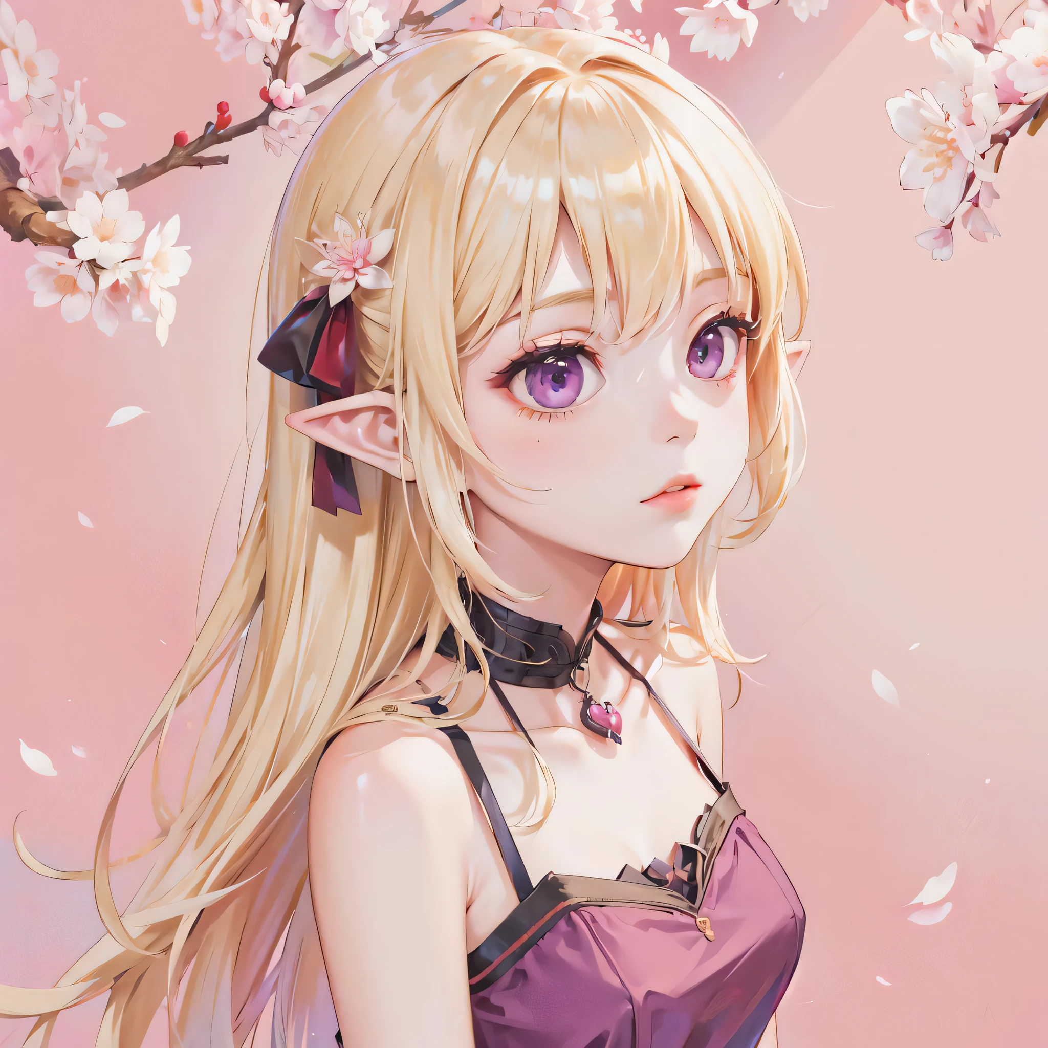 masterpiece, msks style, SLE, 1girl, blonde, purple eyes, pointy ears, bare shoulders, max detail background, cherry blossom scenery