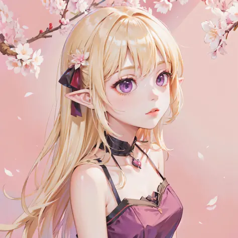 masterpiece, msks style, sle, 1girl, blonde, purple eyes, pointy ears, bare shoulders, max detail background, cherry blossom sce...