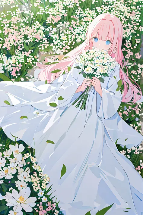 masterpiece, of the best quality, a girl with long light hair, soft white clothes, lying alone in a never-ending flower field