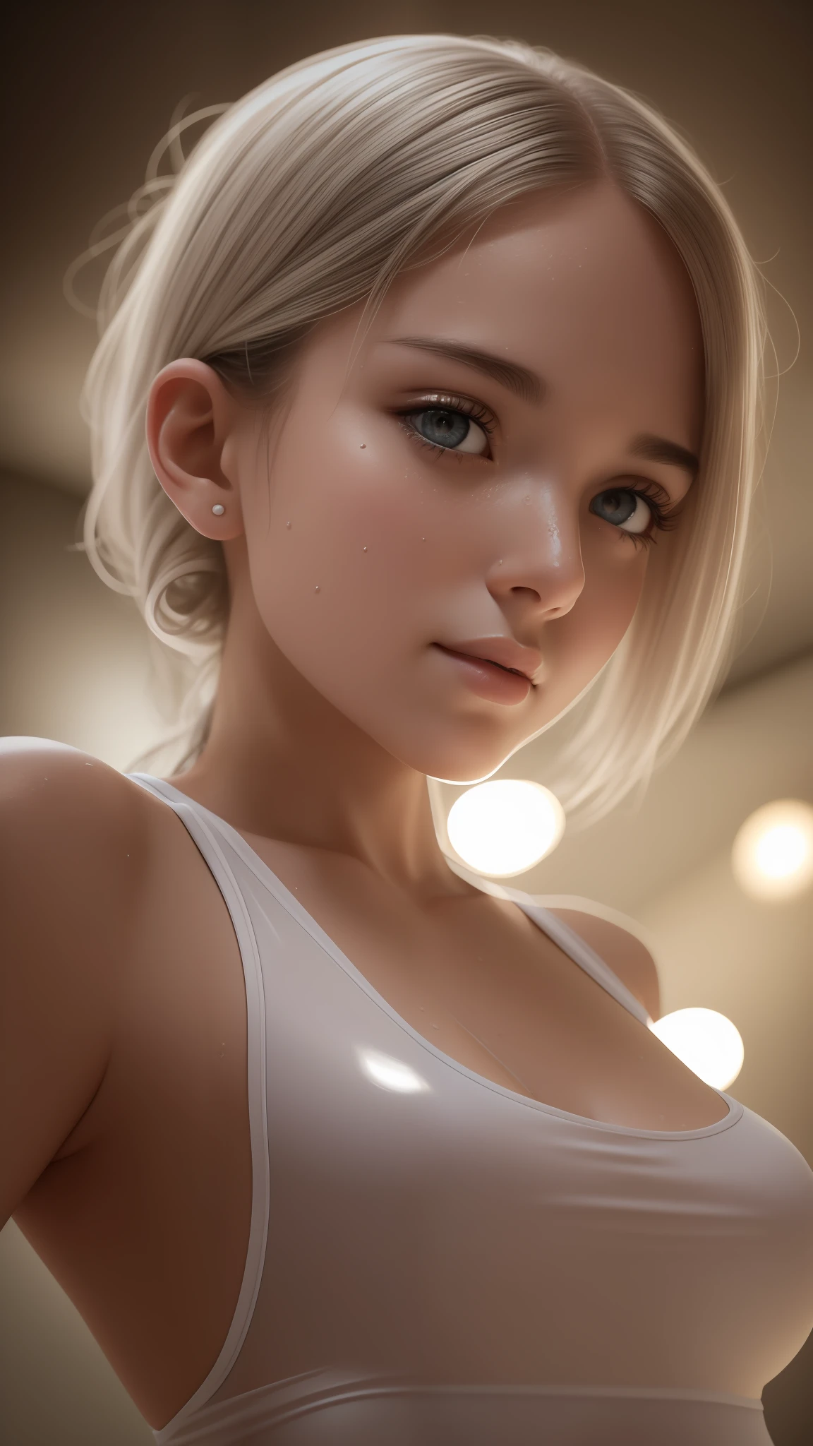 White, wet, tight tank top, portrait, best quality, 1 girl, solo, black eyes, looking at the viewer, angle from below, small breasts, shiny skin, natural-looking makeup, torso, bedroom, ultra-high resolution, cinematic lighting (lifelike). Details, ultra-detailed, extremely detailed eyes and face: 1.0), good cheek, (sweaty skin, lens effect: 0.8), not blurry --auto --s2