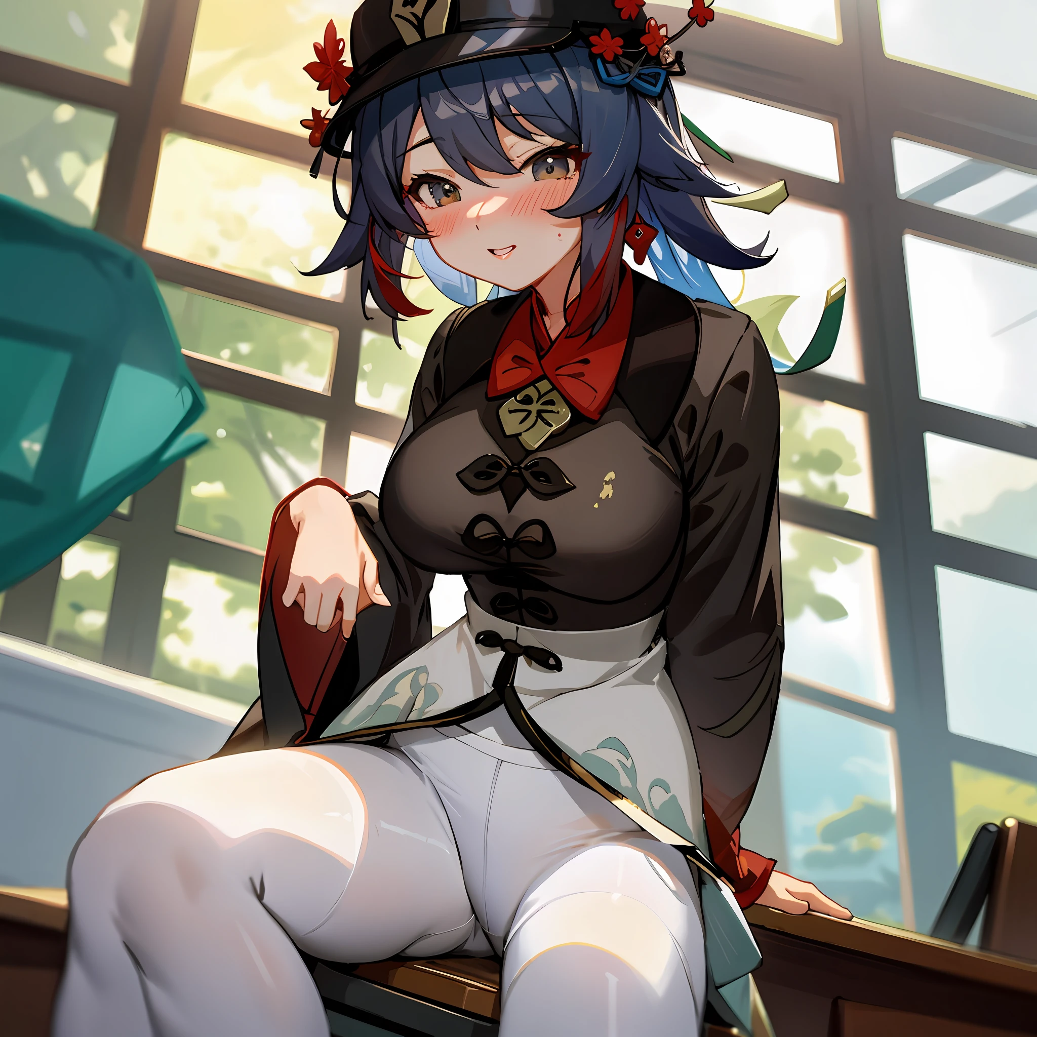 Anime girl sitting on a desk with a hat on her head - SeaArt AI