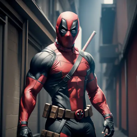 Deadpool, muscular, lean physique, black and red suit, tight spandex suit, spandex black and red mask, ((no ears)), 2 katanas hanging behind the back, straps on his chest, pistols on the waist, high resolution, ultra detailed  CG Unity, cinematic lighting,...