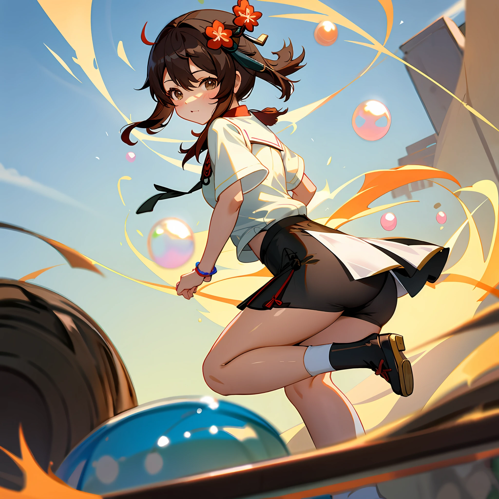 Anime girl with a bow and a skirt on a skateboard - SeaArt AI