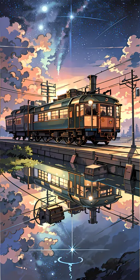 High quality masterpiece, landscape, anime train passing through bodies of water on tracks, bright starry sky. Romantic train, p...