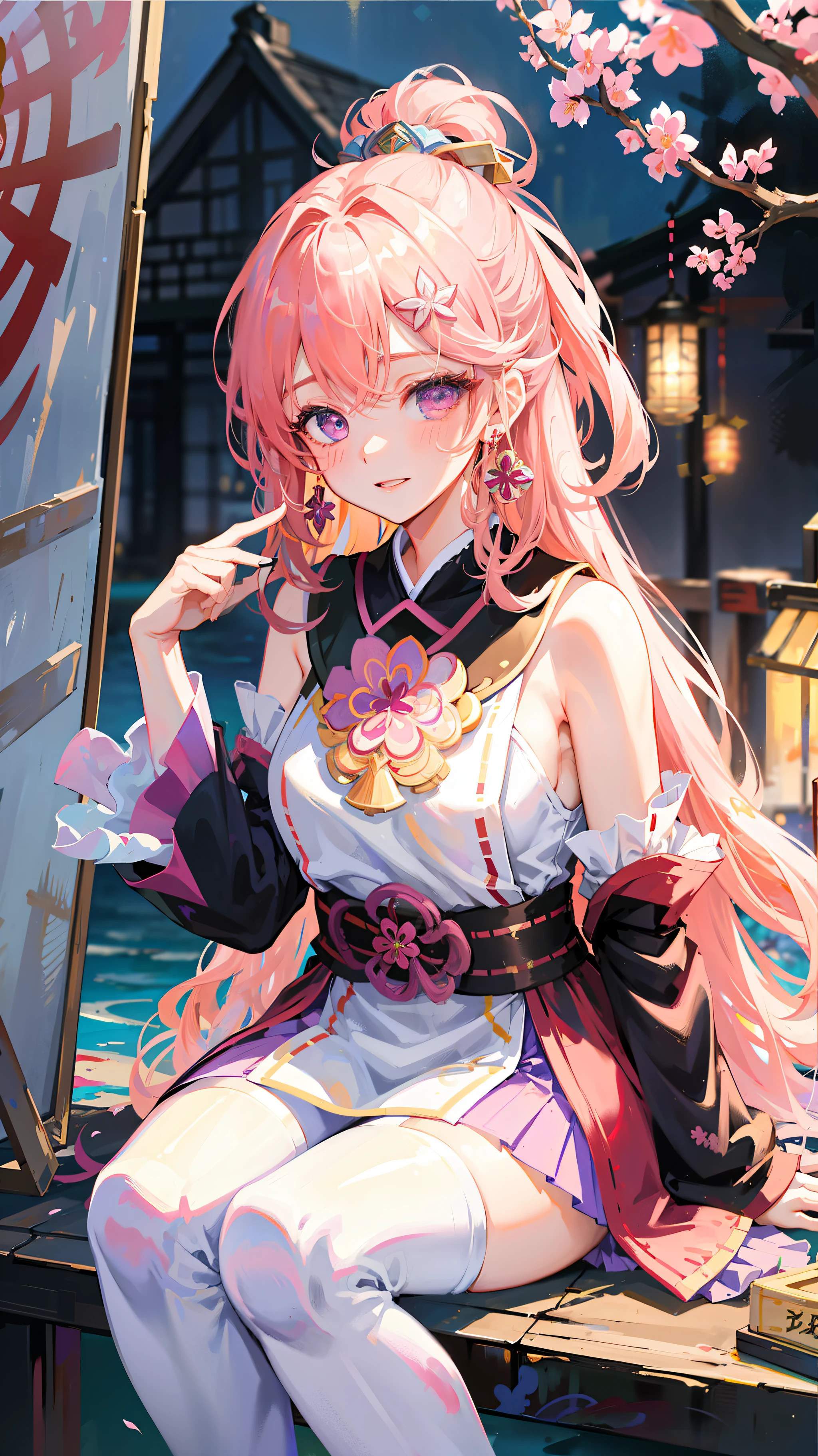 1girl, (ulzzang-6500:0.7), kpop idol, yae miko, detached sleeves, bare shoulders, pink hair, long hair, japanese clothes, best quality, (painting:1.5), (hair ornament:1.35), jewelry, purple eyes, earrings, breasts, torii, cherry blossoms, lantern light, depth of field, detailed face, face focus, ribbon_trim, (looking at viewer:1.25), nontraditional miko, shiny skin, long sleeves, smile, thick lips, game cg, hands on lips, east asian architecture, (blurry background:1.2), sitting, upper body,