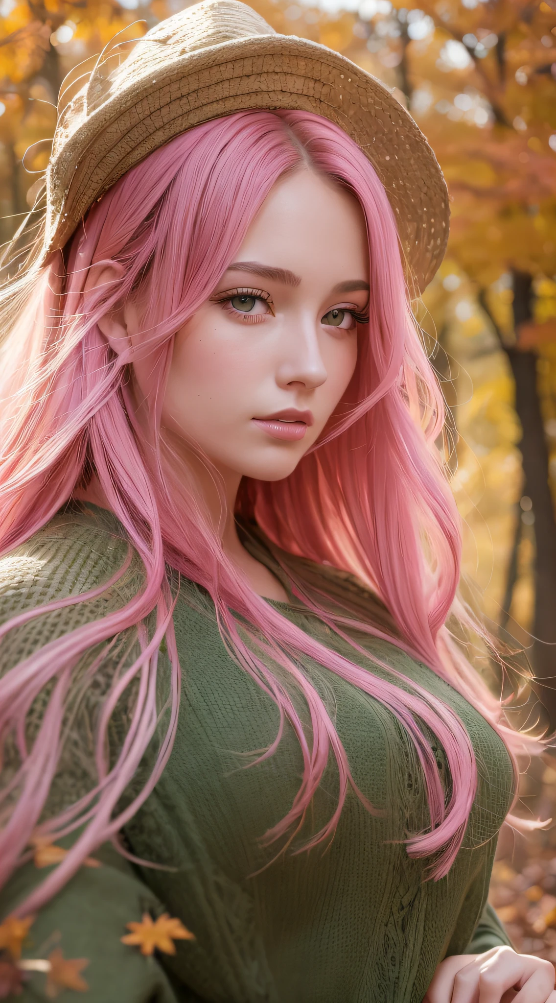 masterpiece, best quality, Highly detailed, Highly definition, park scenary, 1girl, 20s,  gorgeous face, beautiful nose, detailed eyes, beautiful eyes, pink hair, autumn, wearing autumn outfit, UHD, natural light, model pose, by Greg Rutkowski and Alphonse Mucha