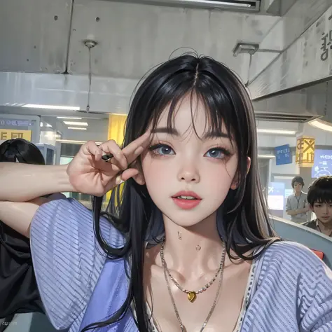 Arapei woman with blue checkered shirt and necklace do peace sign, Lalisa Manobal, 8k selfie photo, ulzzang, korean girl, smile, wan cute korean face, girl portrait, 8k 50mm ISO 10, 8K)), Jaeyeon Nam, she has a cute face, round face, 🤤 bangs