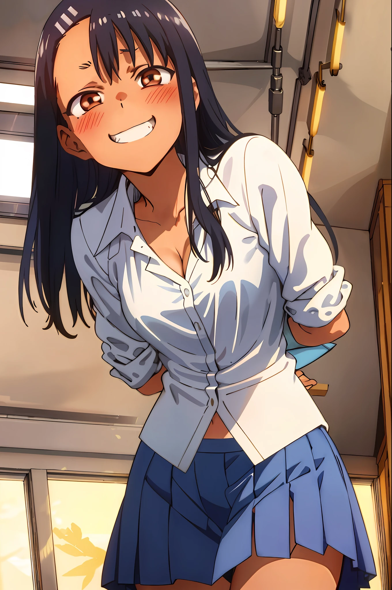 Anime girl in a short skirt and white shirt posing for a picture - SeaArt AI