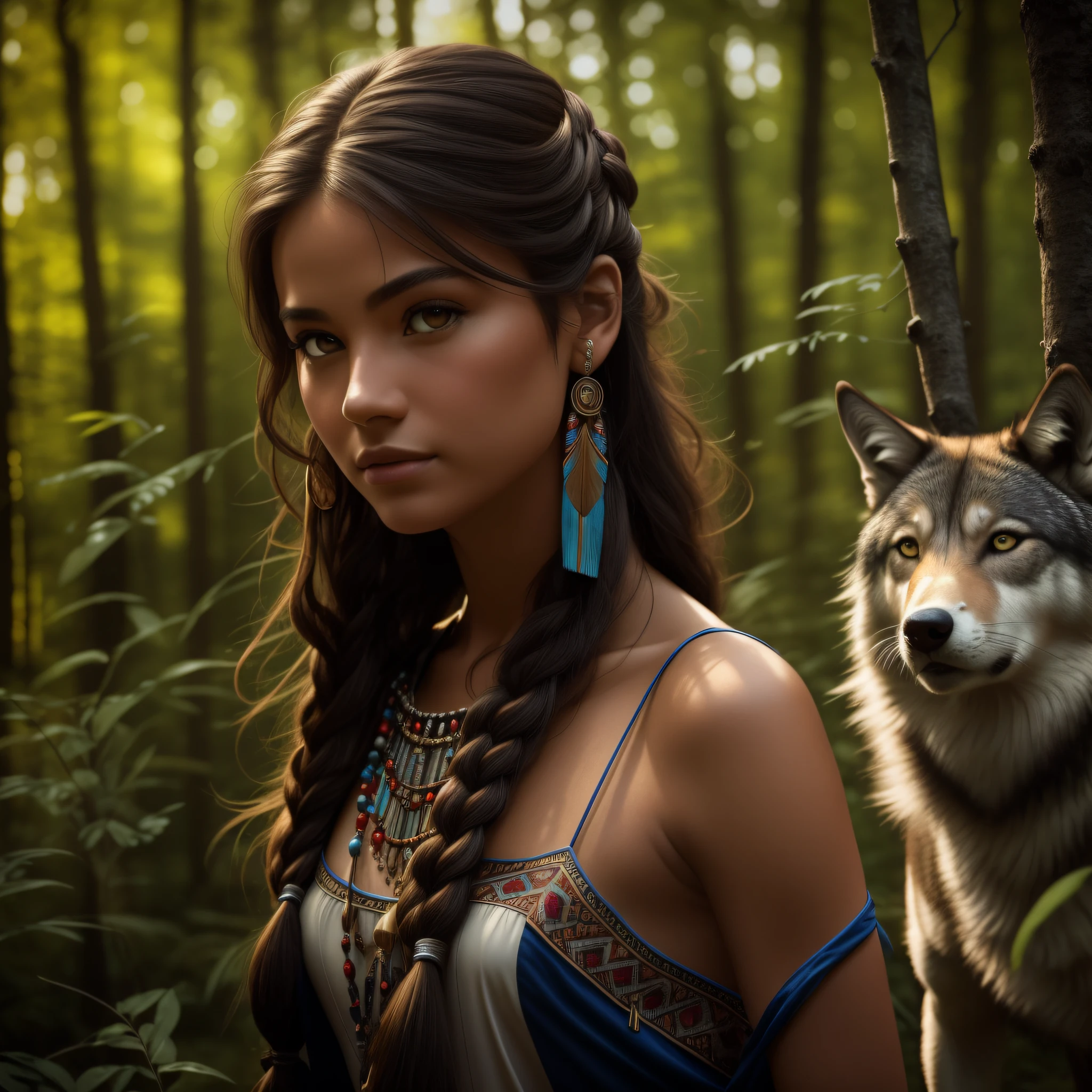(best quality, masterpiece: 1.1), (realism: 1.4),(masterpiece, realistic: 1.4), (Extreme precision: 1.2); (Front: 1.3), realistic portrait of a Native American girl with indigenous adornments with her ultra realistic pet wolf in the forest, Tribal dress, Extra long hair, Bare shoulders, Night sky, Galaxy glow, Ocean, Water, Head tilt, Wind, Clouds, Natural light, Outdoor, Solo, BREAK, Cinematic light, Ultra High Resolution, 8k UHD, Film beads,  Perfect anatomy, Delicate and delicate skin, best shadows, delicate, RAW, high resolution, huntress, night, full moon brightness.