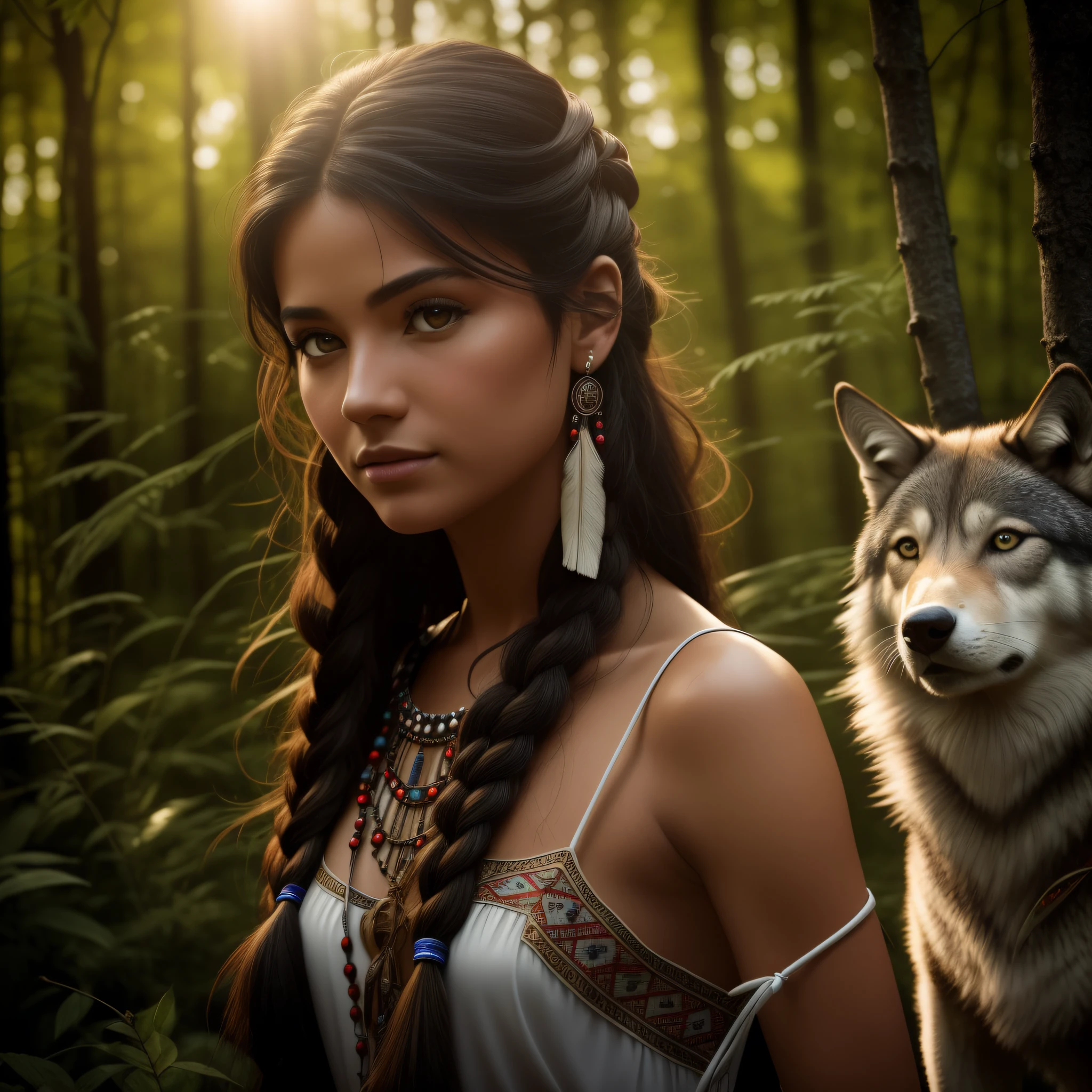 (最好的品質, 傑作: 1.1), (現實主義: 1.4),(傑作, 實際的: 1.4), (極高的精度: 1.2); (正面: 1.3), 實際的 portrait of a Native American girl with indigenous adornments with her ultra 實際的 pet wolf in the forest, 部落服饰, 超長髮, 裸露的肩膀, 夜空, 銀河輝光, 海洋, 水, 頭部傾斜, 風, 雲, 自然光, 戶外的, 獨自的, 休息, 電影光, 超高解析度, 8k超高清, 薄膜珠,  完美的解剖結構, Delicate and 精美的 skin, 最好的陰影, 精美的, 生的, 高解析度, 女獵人, 夜晚, 滿月度.