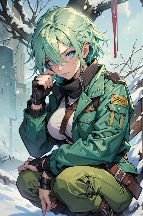 masterpiece, best quality, blue eyes, hair over one eye, green jacket, (cleavage:0.7), belt, green pants, fingerless gloves, cross-laced boots, holding AK-47, snow, one knee, from side, wide shot, blue sky --auto --s2