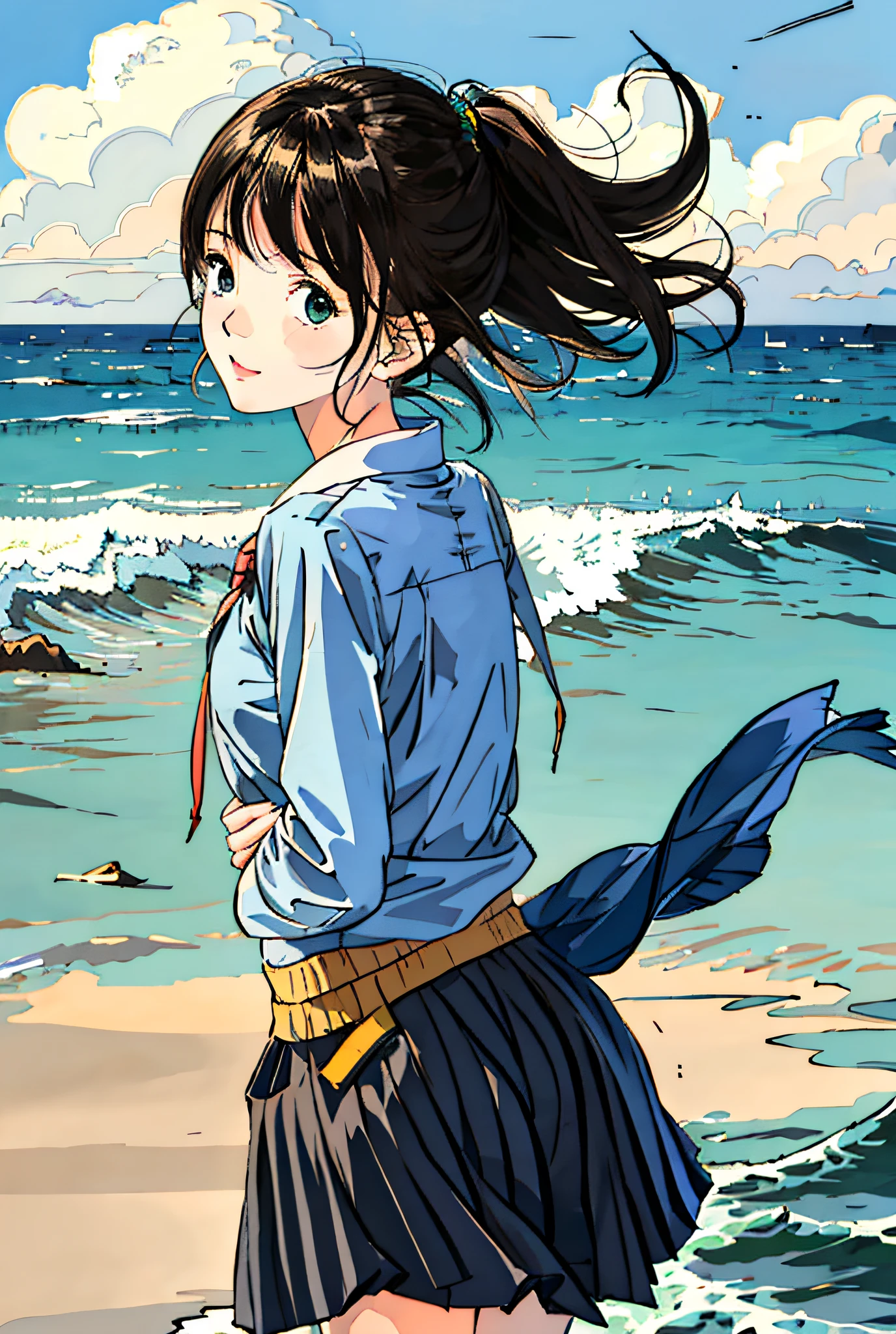 1girl, solo, school uniform, short pleated skirt, seaside, sand beach, looking back, from behind, shy face, embarrassed, wind, adjusting hair, barefoot, day, sea horizon, cloud,