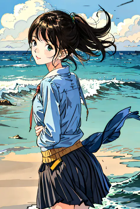 1girl, solo, school uniform, short pleated skirt, seaside, sand beach, looking back, from behind, shy face, embarrassed, wind, a...