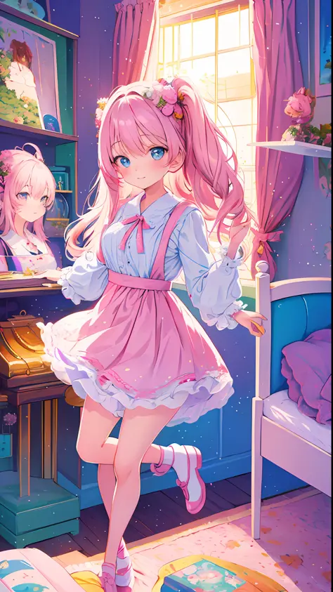 beautiful illustration, best quality, cute girl, bedroom, pink hair, happy, miniskirt, white blouse, two side up