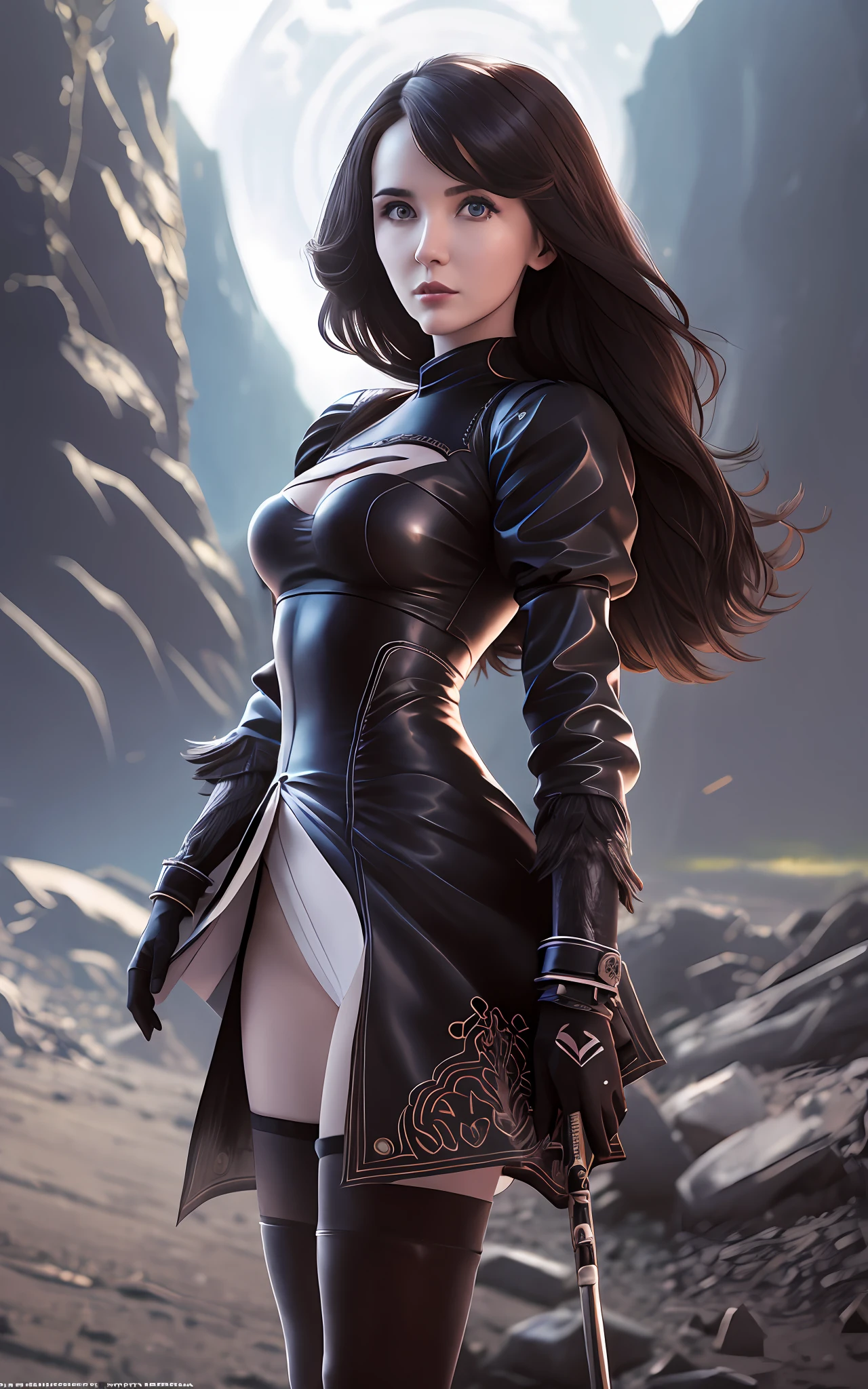 Natalia Vdovina, Natalia Steshenko, Natalia Oreiro, Natalia Gulkina, Natalia Vlasova, Natalia Kuznetsova, a girl with dark hair in fantastic clothes against the background of a futuristic landscape