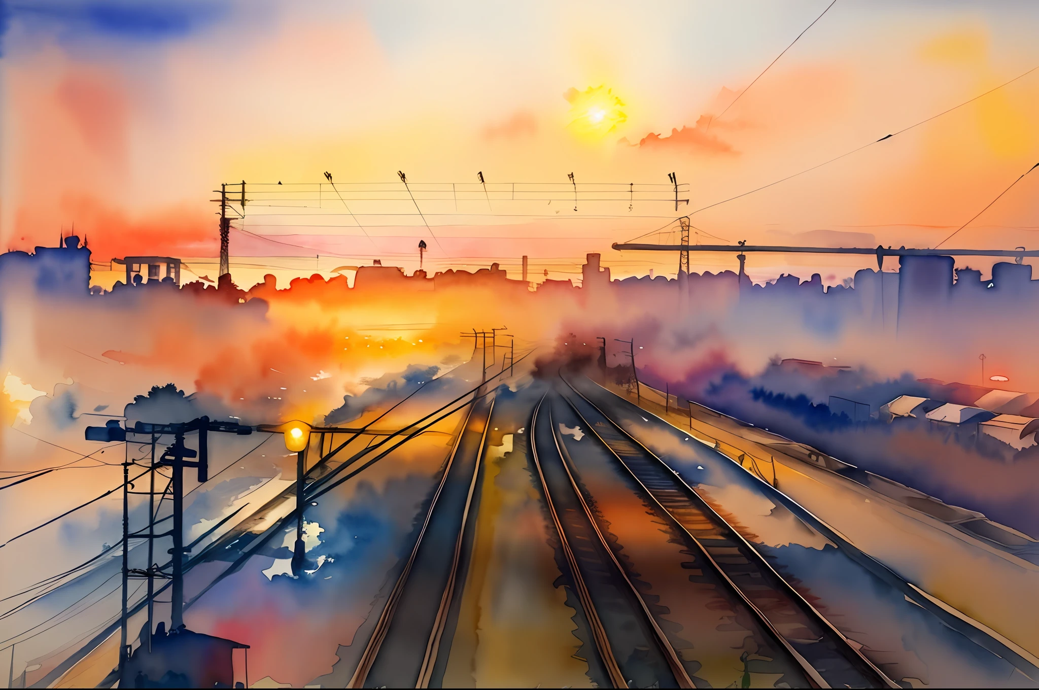 ( aquarelle \(moyen\), dessin, IrisCompiet:1.2),peinture, paysage, SFW, des pistes, chemin de fer, lignes de transmission, coucher de soleil,beau ciel