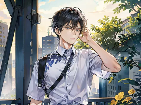 anime boy in a white shirt and tie standing in front of a window, handsome anime pose, anime portrait of a handsome man, tall anime guy with blue eyes, high detailed official artwork, inspired by Bian Shoumin, young anime man, anime handsome man, handsome ...
