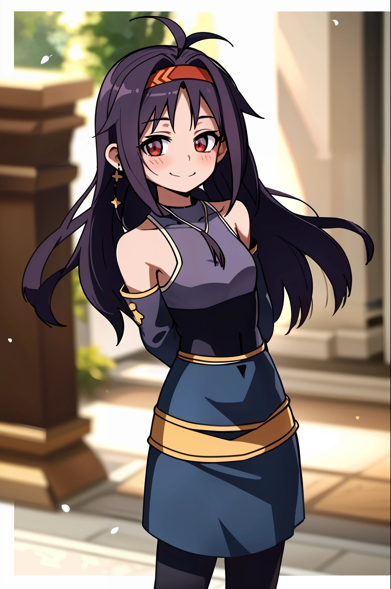 Yuuki Konno, blue skirt, neckline, small breasts, (bottom:1.2), curved, smile, blush, best quality, masterpiece, perfect lighting, arms behind back,