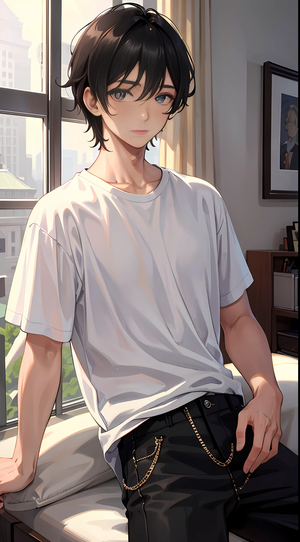 Anime boy sitting on a bed with a white shirt and black pants - SeaArt AI