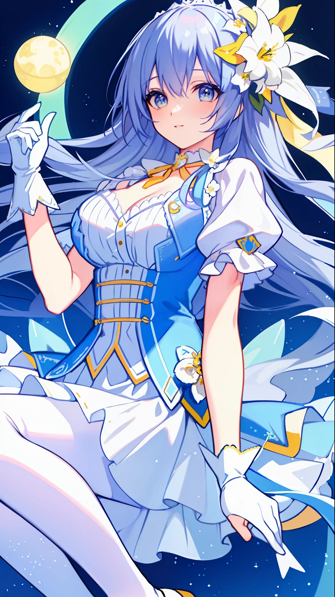 Left-facing, ((((Masterpiece)))), (((Best Quality))), (((Very Detailed))), Detailed Fingers, Illustration, 1 Girl, Solo, Long Sky Blue Hair, Violet Colored Eyes, Flower Hair Ornament, White Feather Hair Ornament, Yellow Moon Hair Ornament, Wide Open Chest, Large Breasts, Large White Ribbon at the Waist, Yellow Idol Dress, With White Flowers, Choker with Yellow Ribbon, White Gloves, White Tights, Yellow Shoes, MIKU, Royal Elegant Pose