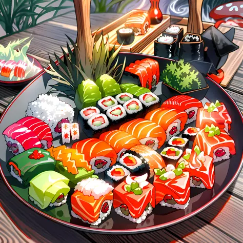 there is a plate of sushi and other sushi on a table, japanese fusion cuisine, sushi, yummy, ukiyo, ❤🔥🍄🌪, japaneese style, the best ever, on a wooden tray, 🦩🪐🐞👩🏻🦳, russian and japanese mix, japanese style, eating sushi, by Nōami