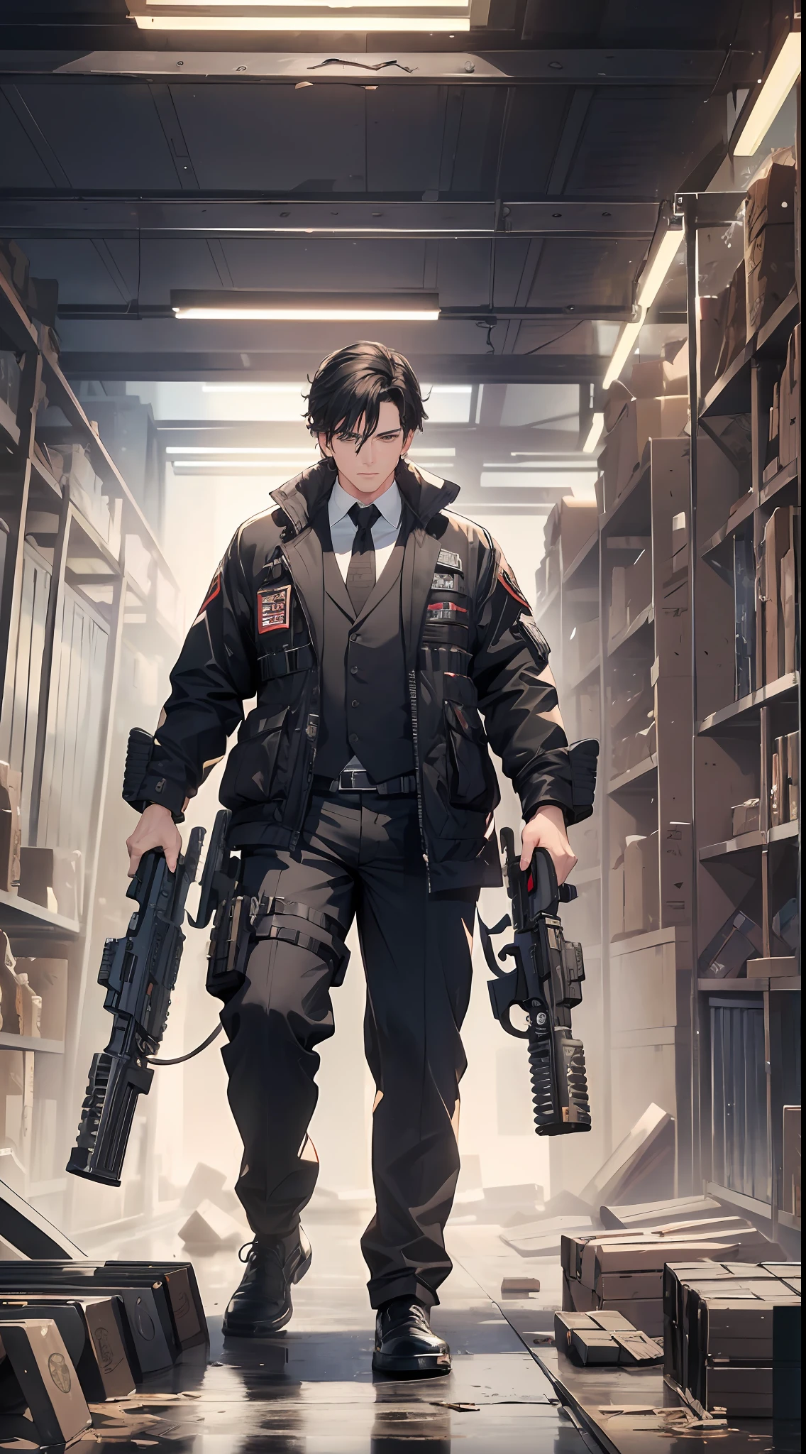 A thirty-year-old middle-aged man in a black suit with short black hair stands in an arsenal piled with pistols, submachine guns (the background is stacked with guns and ammunition weapons warehouse 1.5) (piled with guns and ammunition 1.8) (best quality: 1.1) (Perspective 1.5) (Masterpiece: 1.3) with an unparalleled masterpiece, surreal 8K, perfect artwork, super detail, best quality, masterpiece 4K wallpaper aesthetics, masterpiece, award-winning artwork, official art, cinematic lighting (handsome young man 1.5) (Handsome 1.5) (Vicissitudes 1.3)