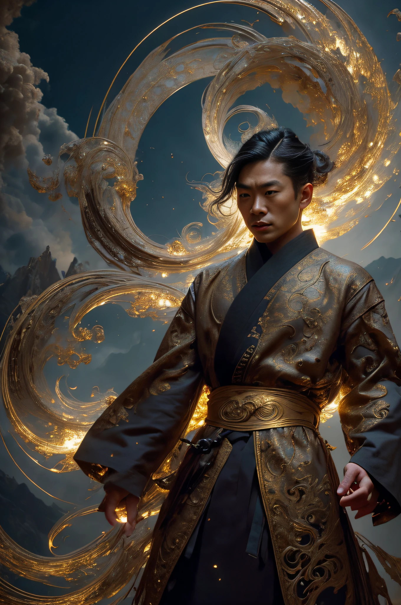 A man in a golden robe standing in front of a spiral pattern - SeaArt AI