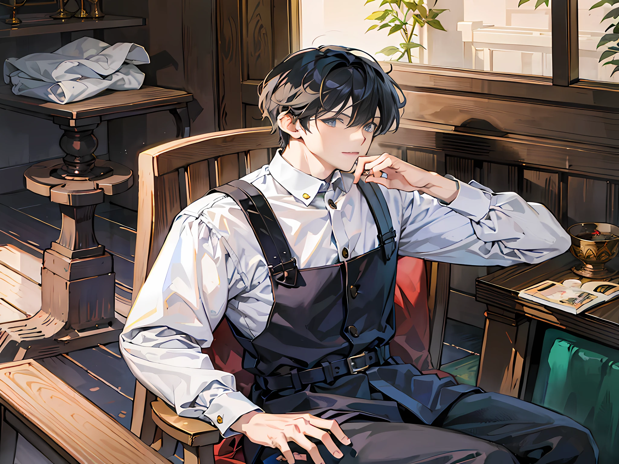 Anime boy sitting in a chair with his hand on his chin - SeaArt AI