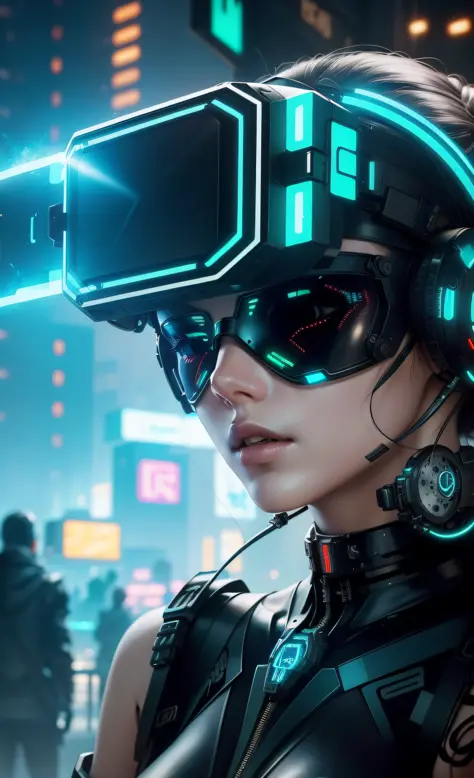 beautiful cyberpunk girl wearing a futuristic head mounted display,  (finely detailed skin), pale skin, (in a deep neckline highly detailed sexy futuristic cyberpunk black crop top and underpants made of circuit boards, cybernetics, japanese words with a f...