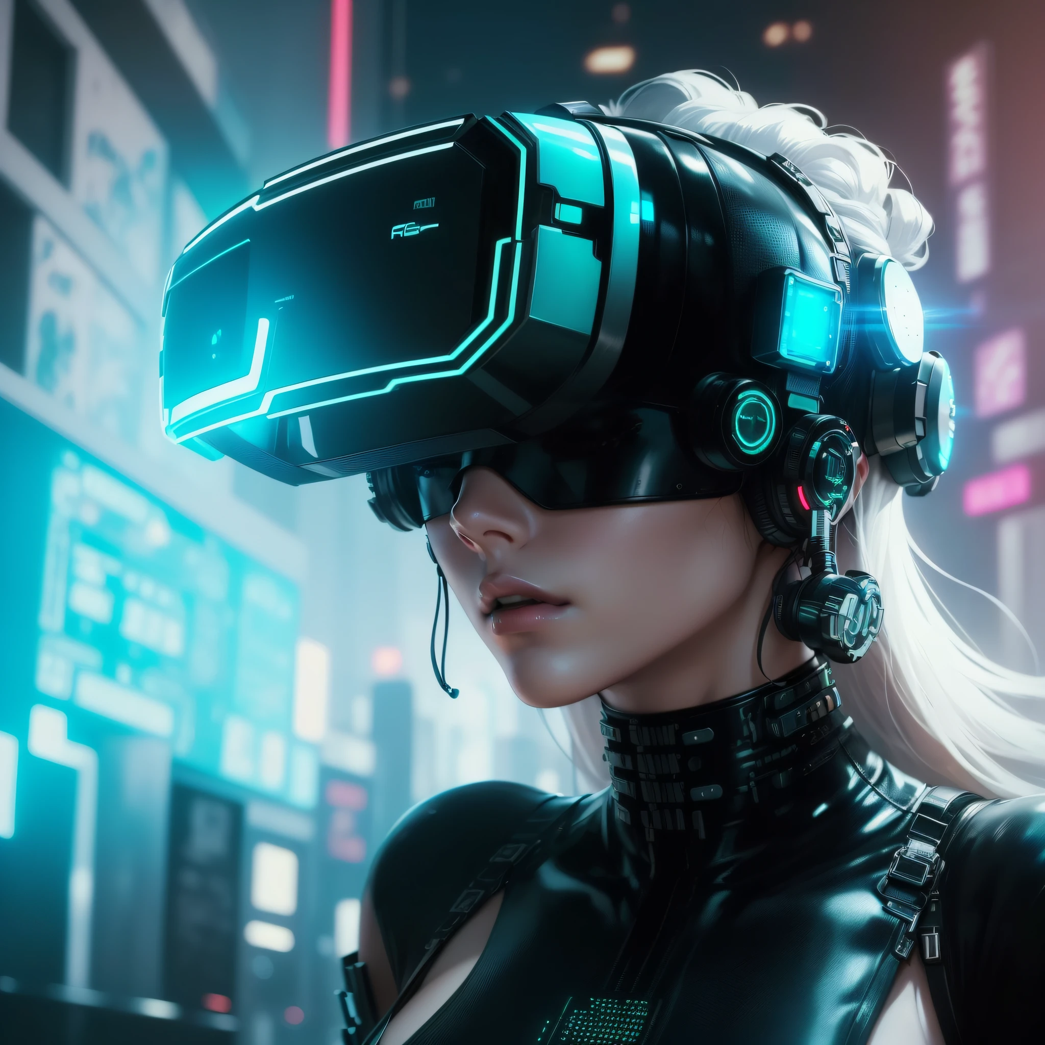 portrait of a beautiful cyberpunk woman wearing a futuristic head ...