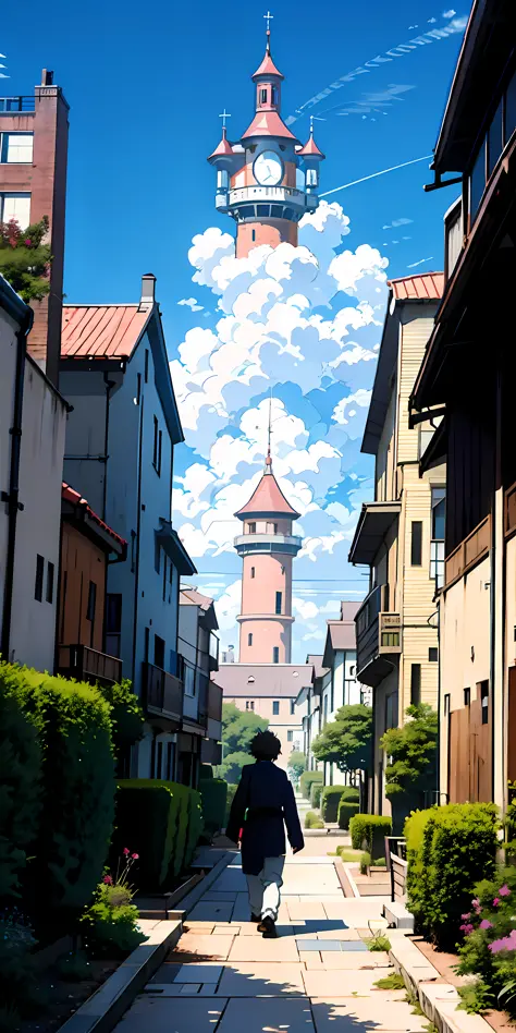 Anime landscape of a city with a tower, a person walking on a snowy path, cosmic sky. By: Makoto Shinkai, beautiful anime scenes...