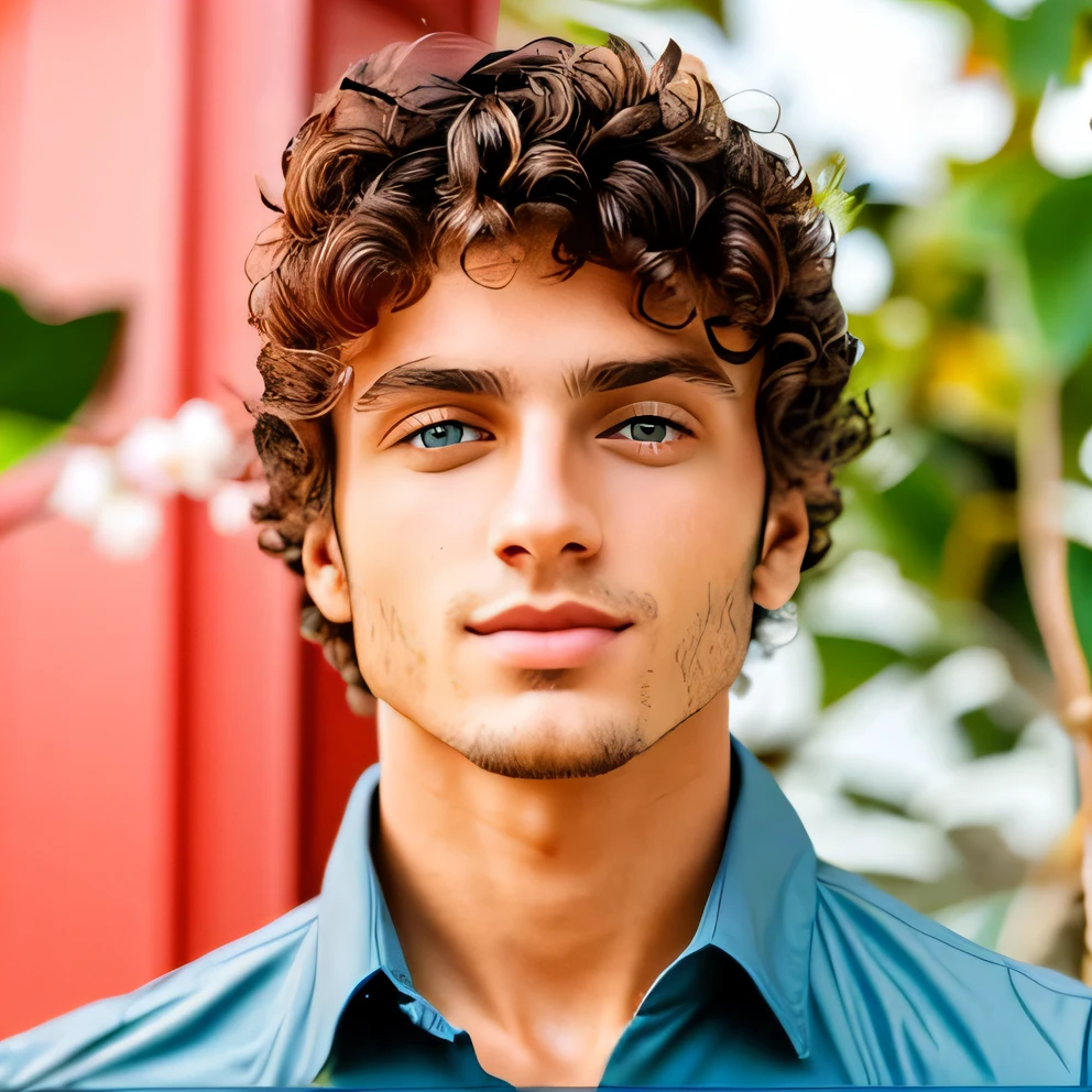 Arafed man with curly hair and blue shirt looking at camera - SeaArt AI