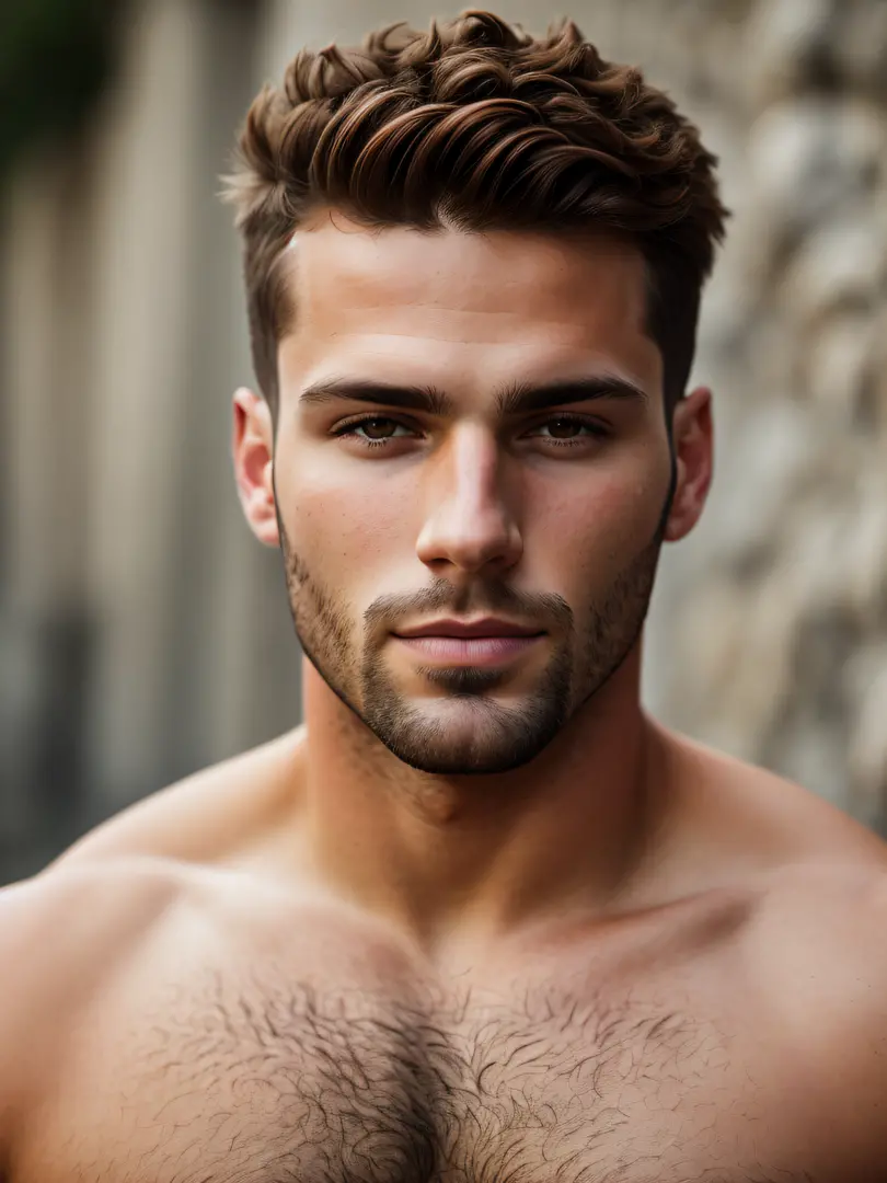 full frame, Close portrait, extremely handsome male model, Herculean Greek male, taupe clear skin, auburn buzzcut hair, heteroch...