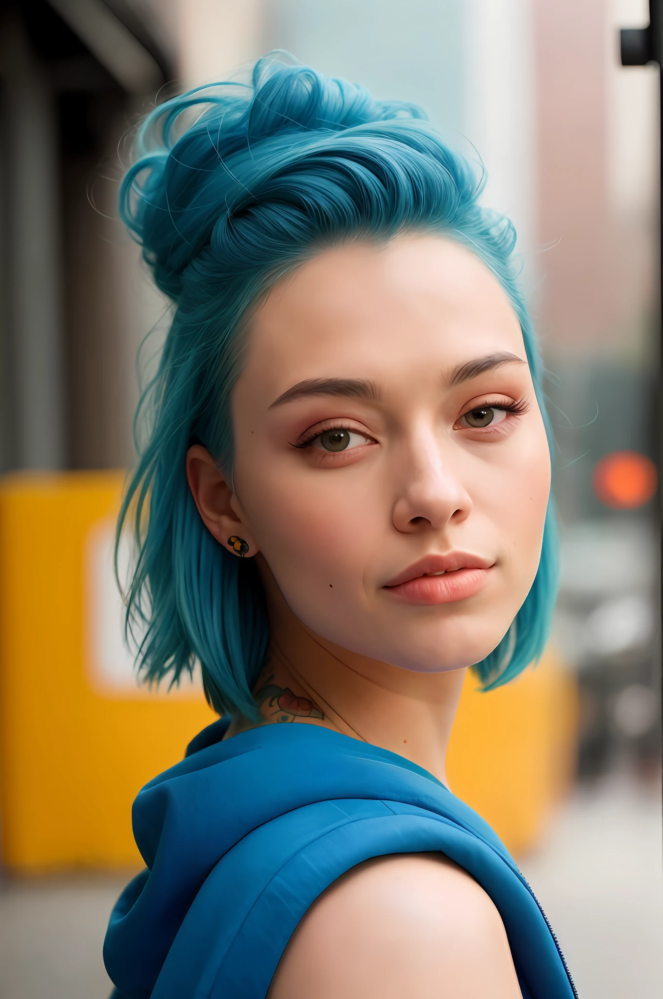 beautiful college student, wearing sweatshirt, looking at viewer, blue hair, solo, tattoo on face, upper body, detailed background NYC, city, alley, hyper detailed, detailed face, sincere POV photo, by lee jeffries, nikon d850, film stock photography,4 kodak portra 400, camera lens f1.6, rich colors, hyper realistic, realistic texture, dramatic lighting, cinestill 800,