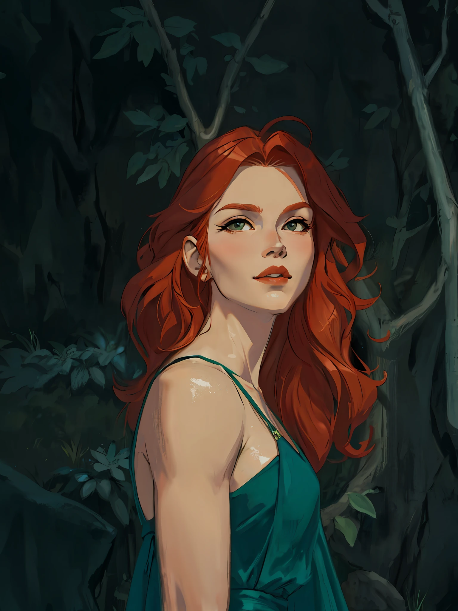 alta definição, (melhor detalhe) (melhor qualidade), mulher ruiva posando para foto com longos cabelos ruivos e vestido verde, maduro e lindo, luz natural e sombra