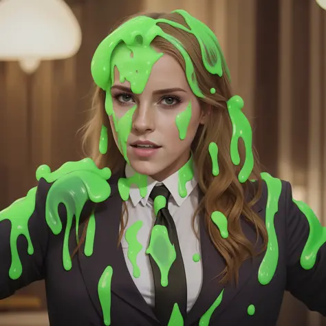 Scarlett Johansson as woman with green paint on her face and tie, woman with a tie and a suit covered in paint, covered in slime...