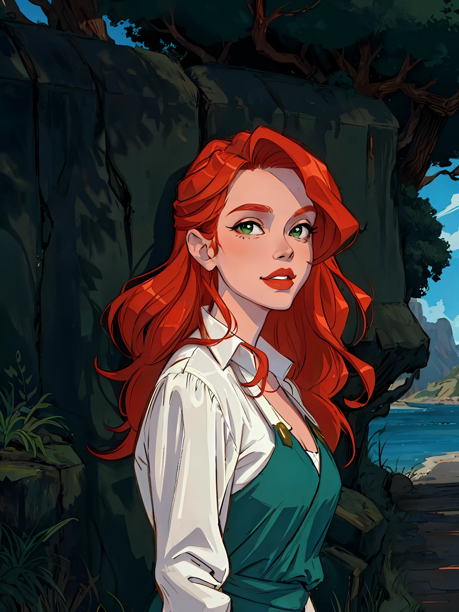 HD, (bestes Detail) (beste Qualität), Rothaarige Frau posiert für ein Foto mit langen roten Haaren und grünem Kleid, reif und wunderschön, natürliches Licht und Schatten