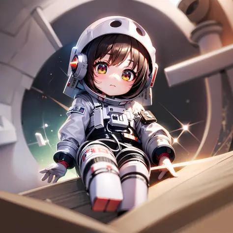 there are small cute dolls, (((white helmet)), ((red gloves)), outer space, cute 3d rendering, little astronaut looking up, port...