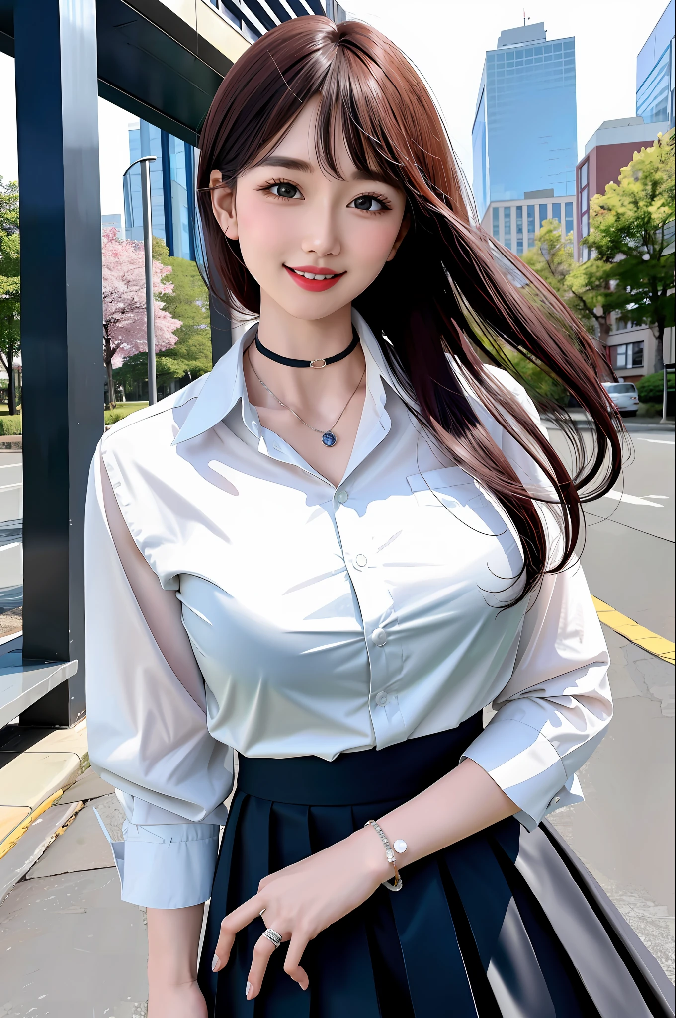 masterpiece, best quality, full body, 1girl, bangs, black choker, black necktie, black hair, blue skirt, blush, bracelet, breasts, choker, clothes around waist, collarbone, collared shirt, cowboy shot, dress shirt, ear piercing, eyebrows visible through hair, gradient hair, grin, gyaru, jewelry, kogal, long hair, looking at viewer, loose necktie, necktie, piercing, plaid, plaid skirt, pleated skirt, red eyes, ring, school uniform, shirt, skirt, smile, solo, white shirt, street, sky, cherry blossoms, petals,illustration, (magazine:1.3), (cover-style:1.3), fashionable, woman, vibrant, outfit, posing, front, colorful, dynamic, background, elements, confident, expression, holding, statement, accessory, majestic, coiled, around, touch, scene, text, cover, bold, attention-grabbing, title, stylish, font, catchy, headline, larger, striking, modern, trendy, focus, fashion,