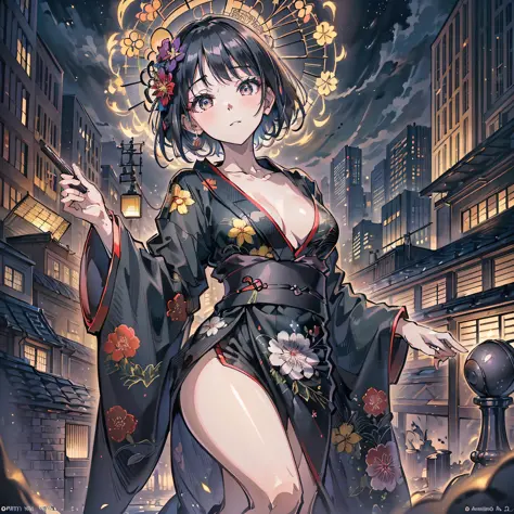 ((Full body shot, beautiful detailed eyes, detailed face, perfect composition, professional model pose, yukata, 1 girl, solo, short black hair, small breasts, black hair, bright black eyes, rooftop at night, looking at the viewer, happy expression, ), anim...