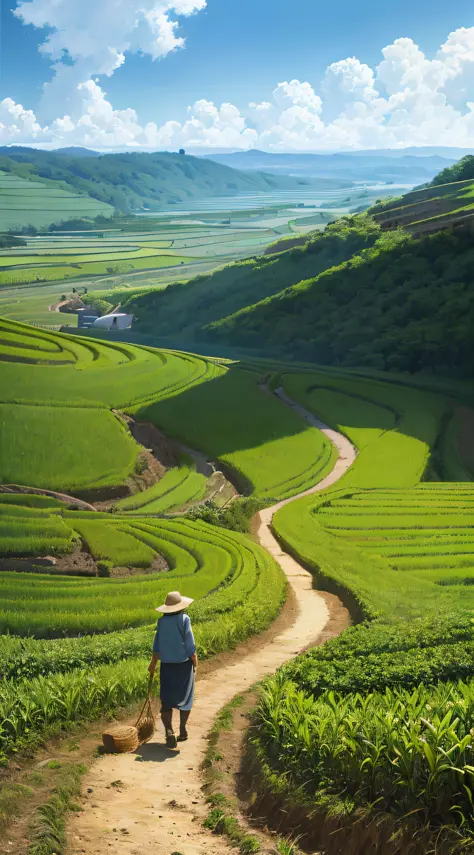 An old farmer carrying a flat burden, walking on the winding path of the countryside, big clouds, blue sky, rice fields, neat ri...