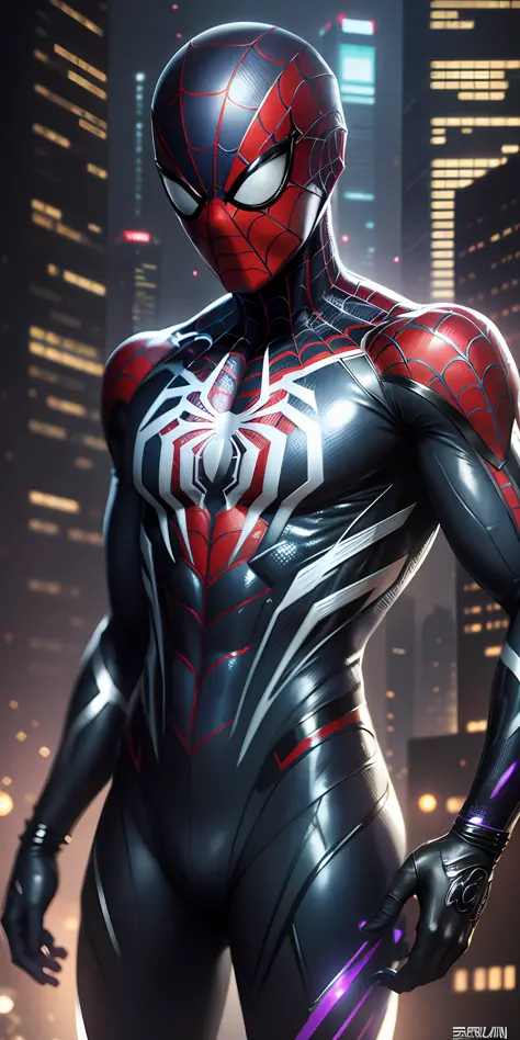 8k resolution,highest Image quality, Spider-Man, Black and White Suit, Cyberpunk,Futuristic Suit, Metallic Web Background,Ultra Detailed, Metallic Cobweb Background --auto --s2