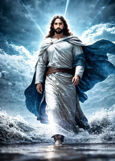 Jesus walking on water in a storm, confident smiling expression, beam of light descending from the sky and illuminating jesus, m...