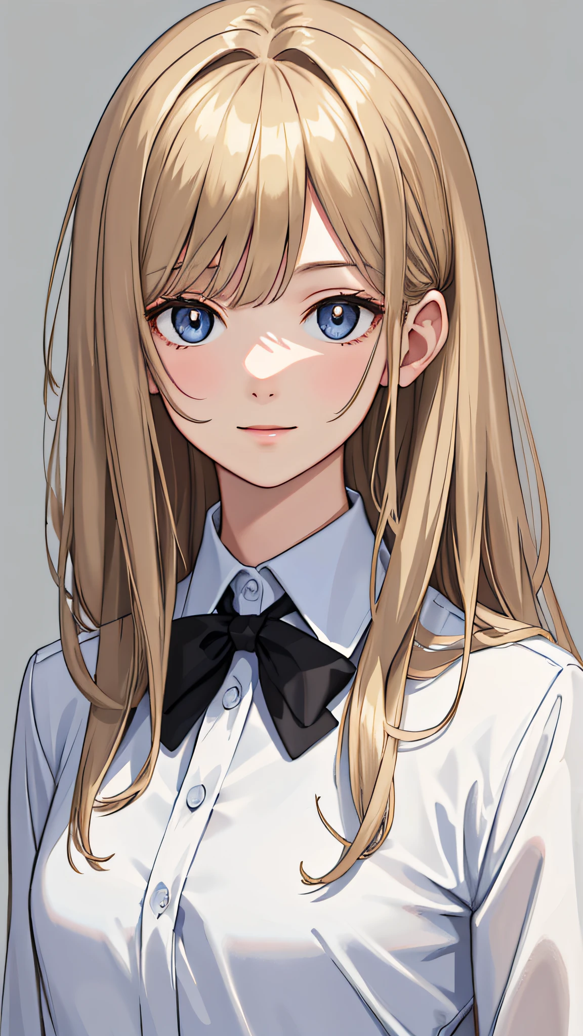 (masterpiece:1.1), (best quality), (ultra detailed),(disheveled hair),(illustration), (1girl), adult, standing, portrait view, looking at viewer, close up, happy, (interview), (simple background),beautiful detailed eyes, delicate beautiful face, focus on face, white dress shirt, professional clothing, dirty blonde hair, dark blonde hair, medium length hair, bangs, superflat style, gray background